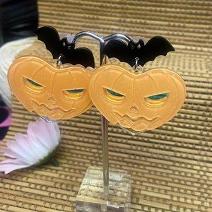 unique large bat and pumpkin jack o lantern 925 sterling silver post earrings
